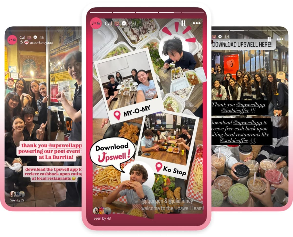 A collage of creator Instagram Stories from Upswell partner restaurants and student events