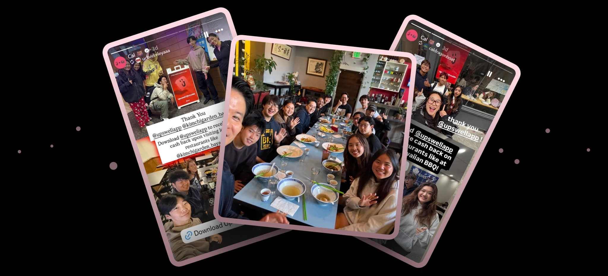Real Instagram stories from Upswell partner restaurants showing groups dining and celebrating