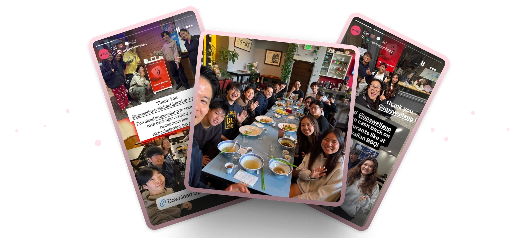 Real Instagram stories from Upswell partner restaurants showing groups of customers dining and celebrating